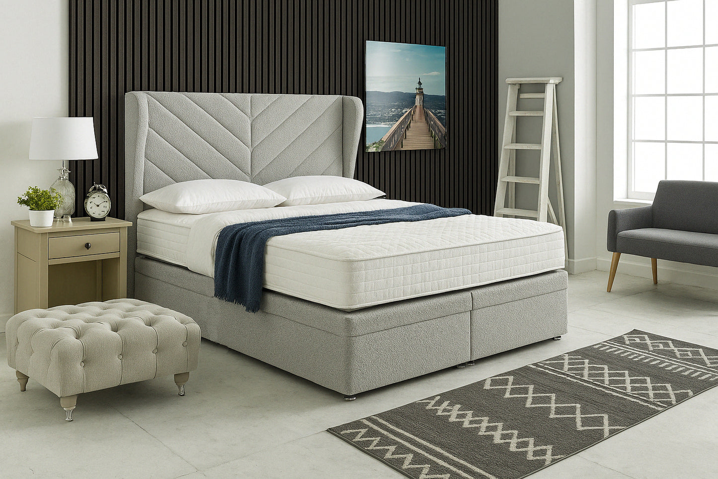 Valencia Ottoman Bed – Herringbone Headboard with Curved Wings - End Lift