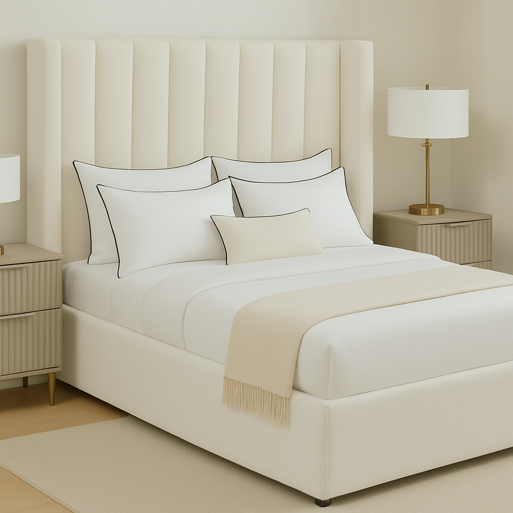 Orion Frame Bed – Vertical Panel Headboard with Clean Winged Sides