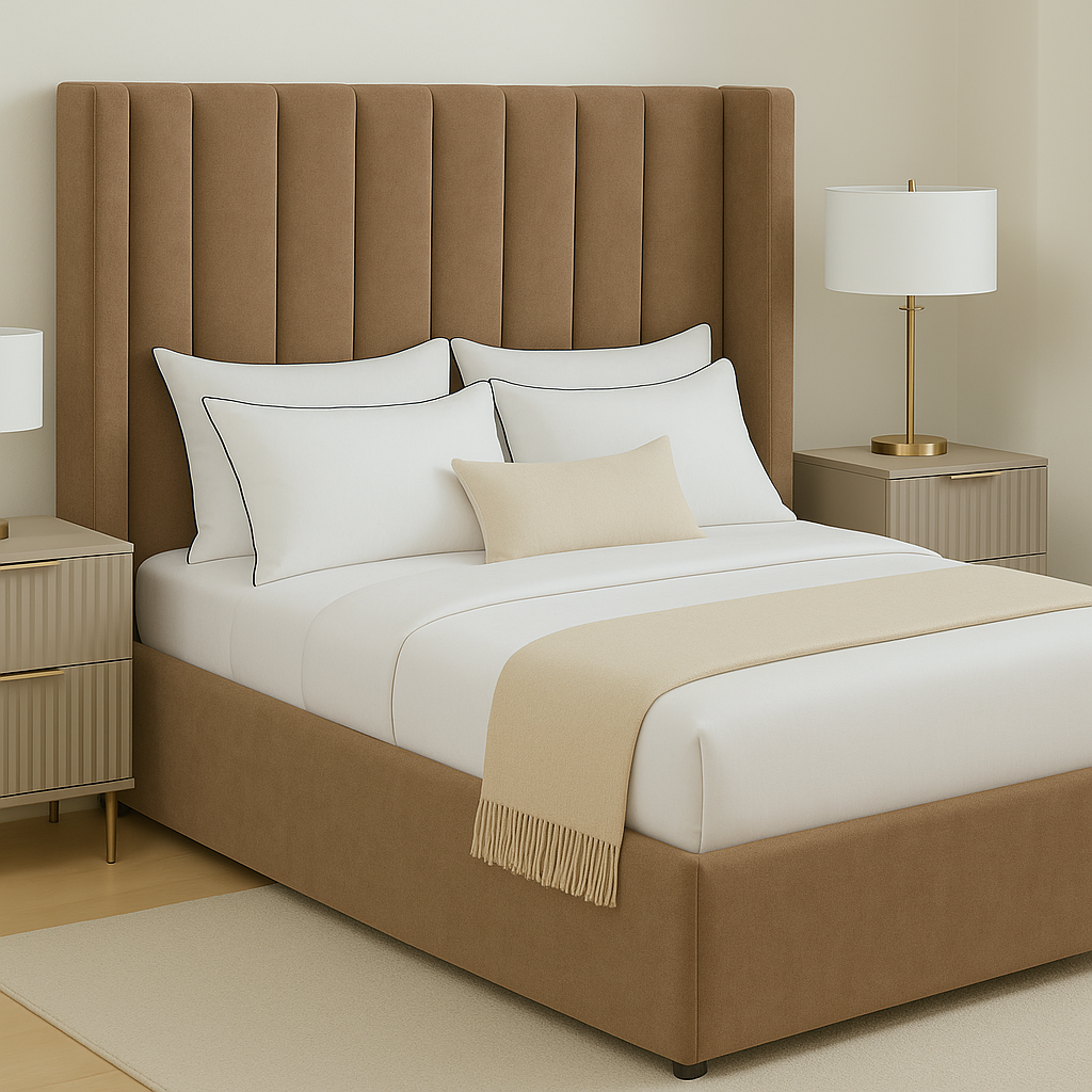 Orion Frame Bed – Vertical Panel Headboard with Clean Winged Sides