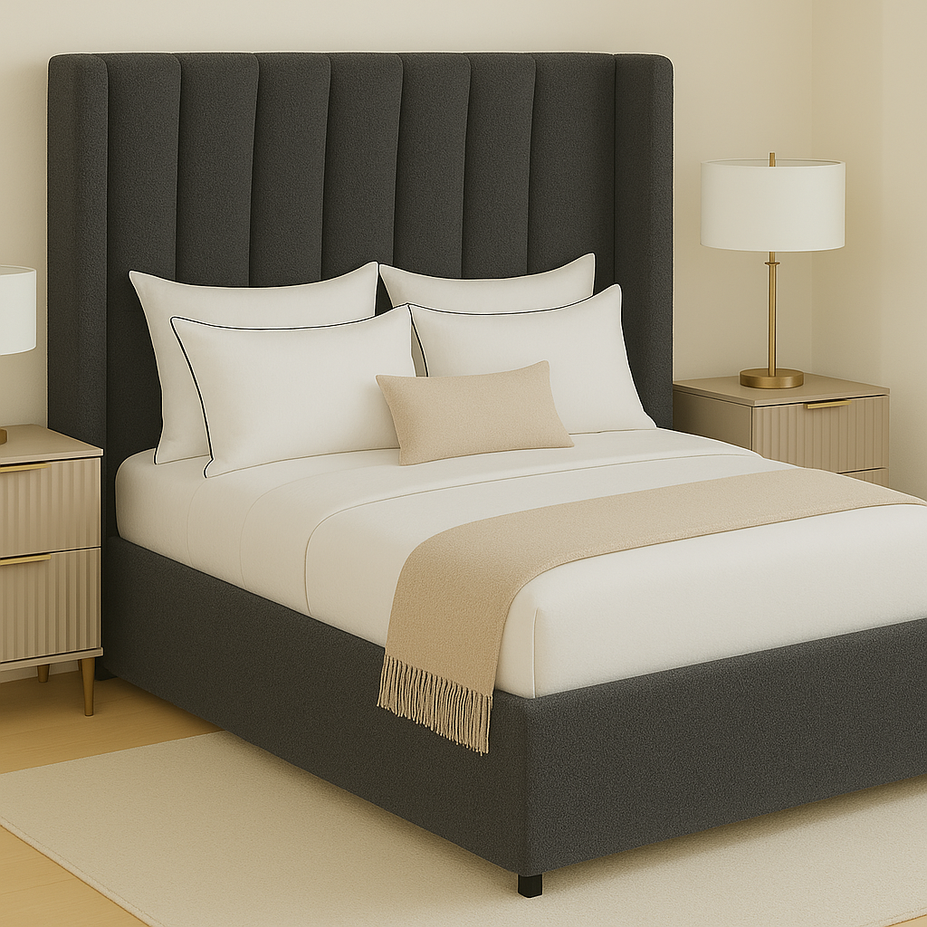 Orion Frame Bed – Vertical Panel Headboard with Clean Winged Sides